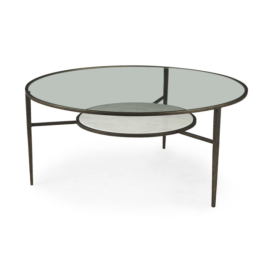 36" Clear And Bronze Glass And Metal Round Coffee Table With Shelf Image 1