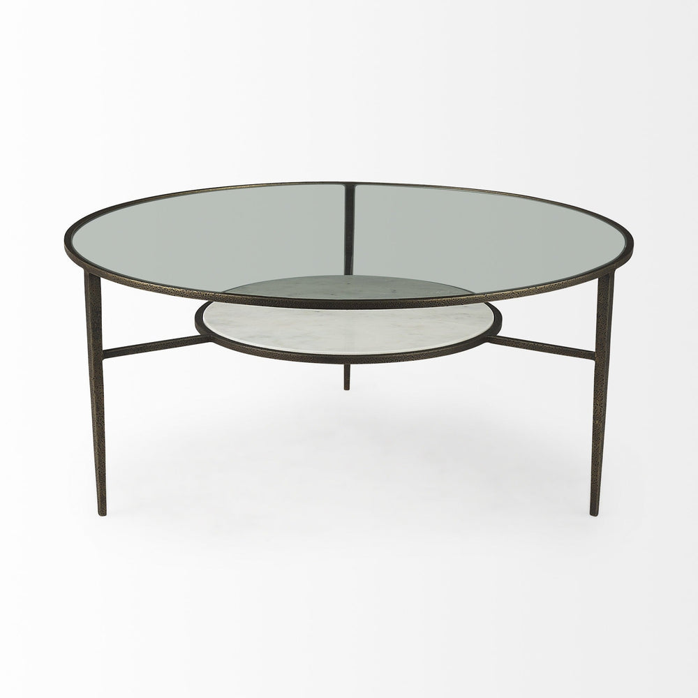 36" Clear And Bronze Glass And Metal Round Coffee Table With Shelf Image 2