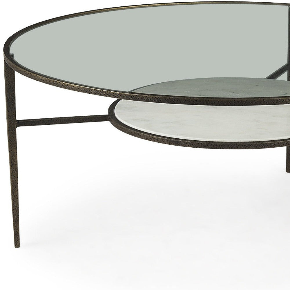 36" Clear And Bronze Glass And Metal Round Coffee Table With Shelf Image 11