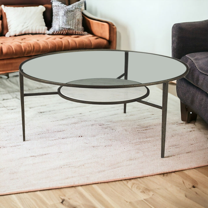 36" Clear And Bronze Glass And Metal Round Coffee Table With Shelf Image 12