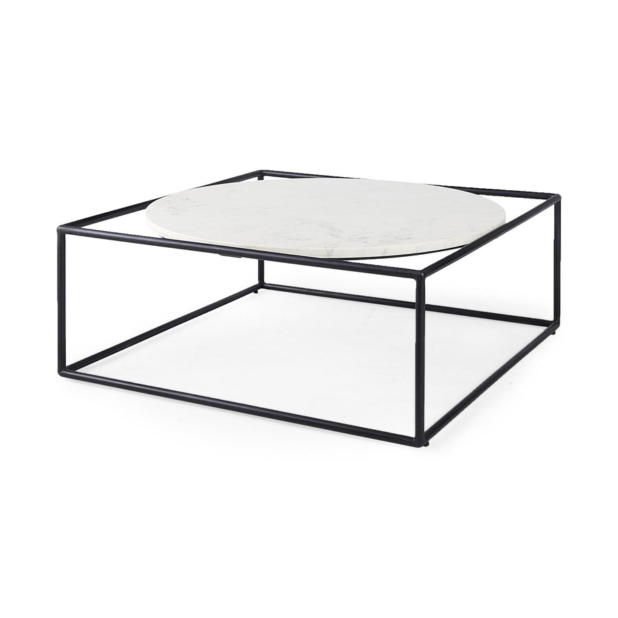 36" White And Black Genuine Marble And Metal Square Coffee Table Image 1