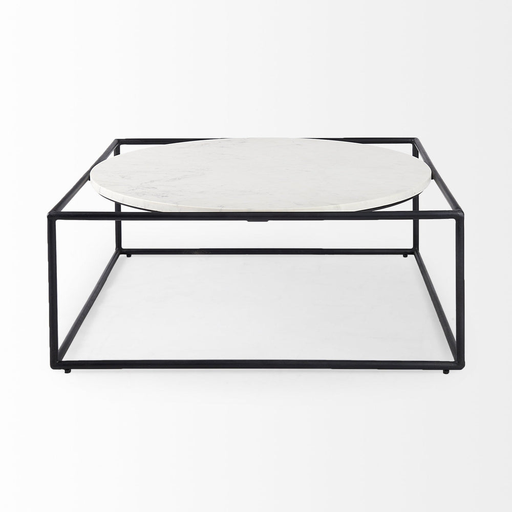 36" White And Black Genuine Marble And Metal Square Coffee Table Image 2