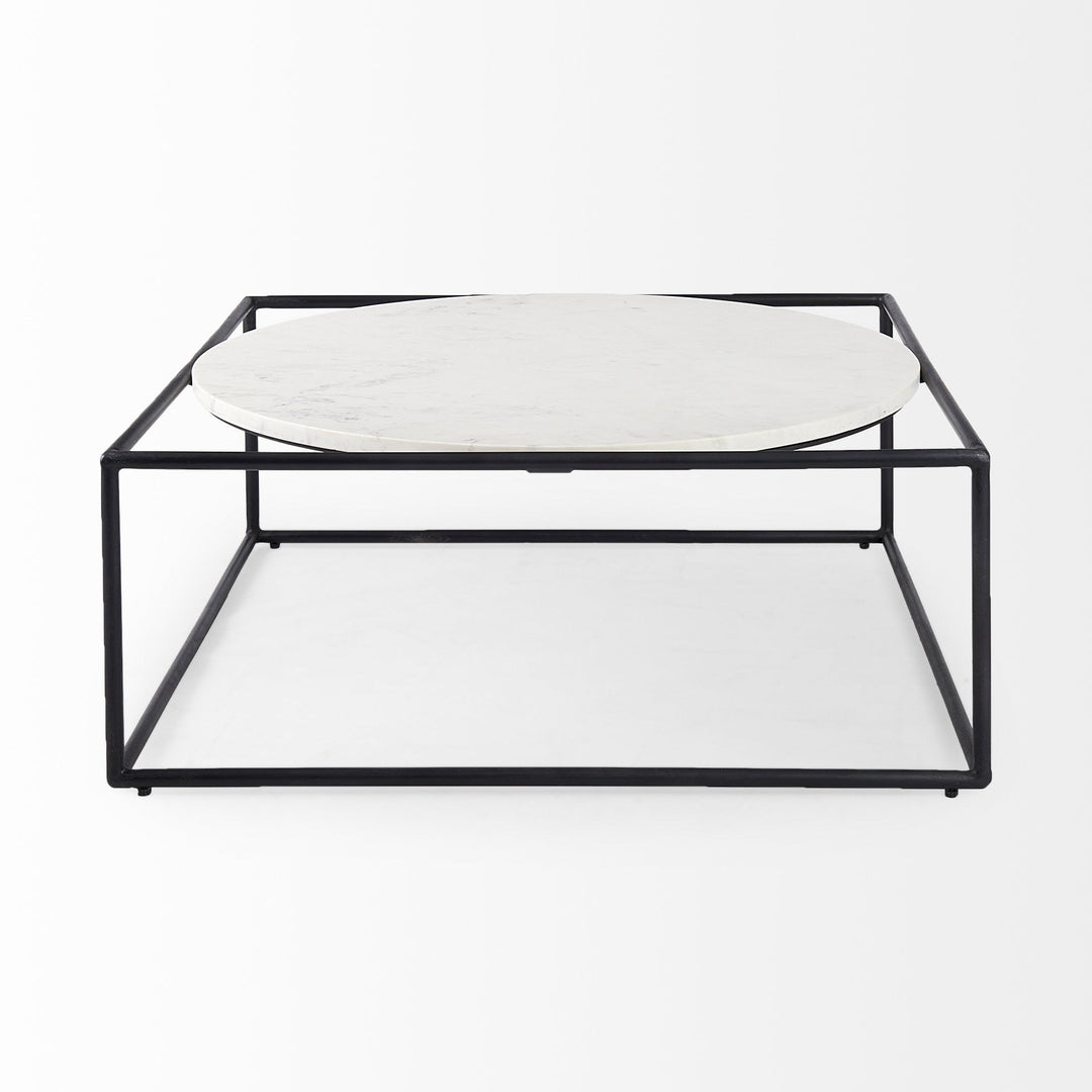 36" White And Black Genuine Marble And Metal Square Coffee Table Image 2