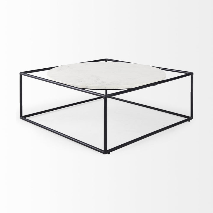 36" White And Black Genuine Marble And Metal Square Coffee Table Image 3