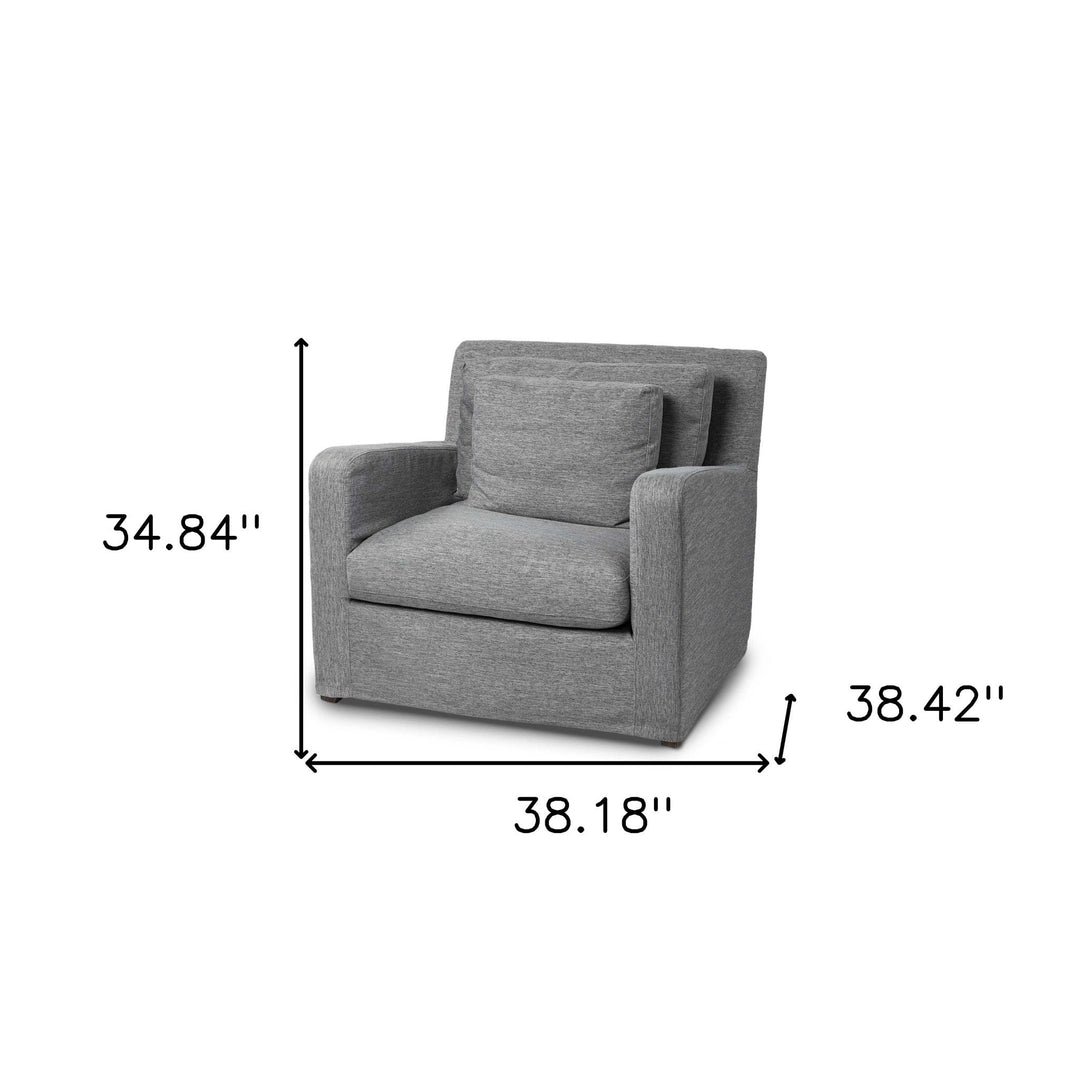 38" Gray And Wood Brown Linen Arm Chair Image 3