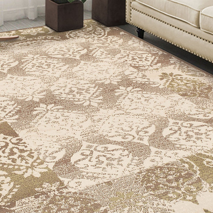 4 X 6 Brown Damask Power Loom Distressed Stain Resistant Area Rug Image 5