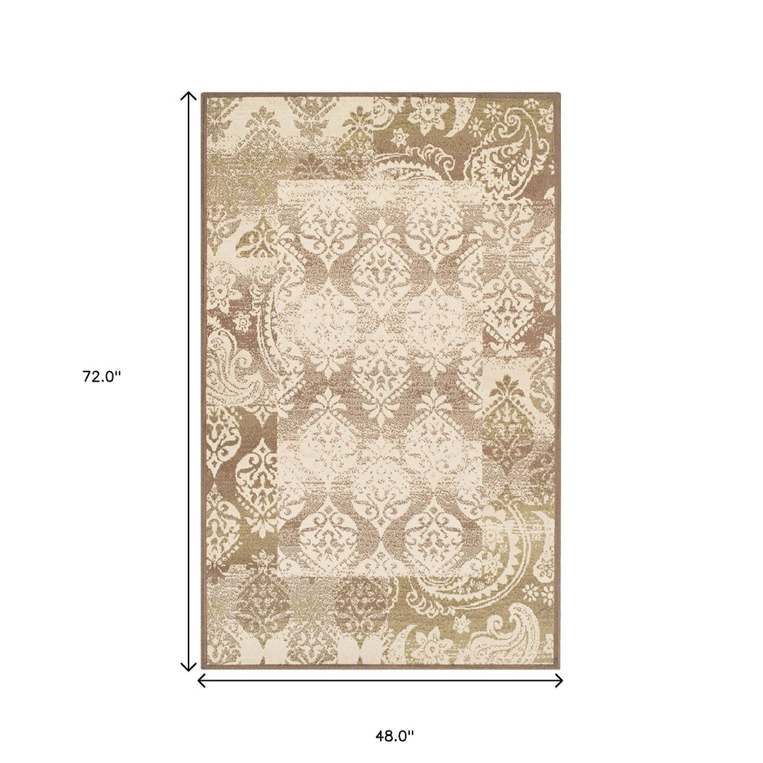 4 X 6 Brown Damask Power Loom Distressed Stain Resistant Area Rug Image 6