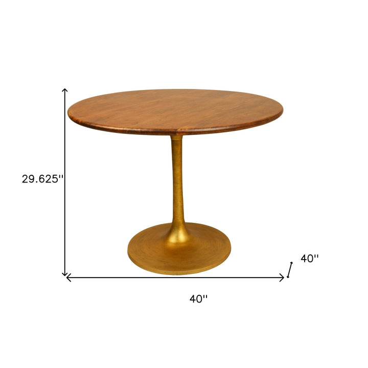 40" Brown and Gold Rounded Solid Wood and Iron Pedestal Base Dining Image 4