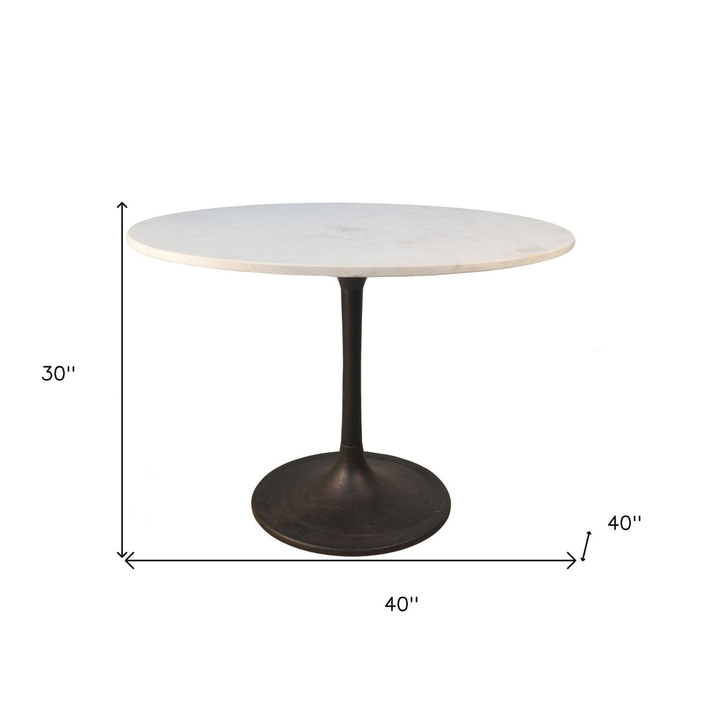 40" White and Black Rounded Marble and Iron Pedestal Base Dining Image 2