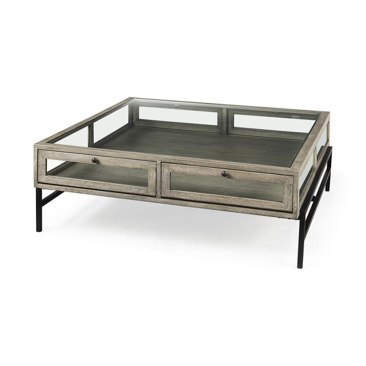 42" Gray And Black Glass And Metal Square Coffee Table With Shelf Image 1