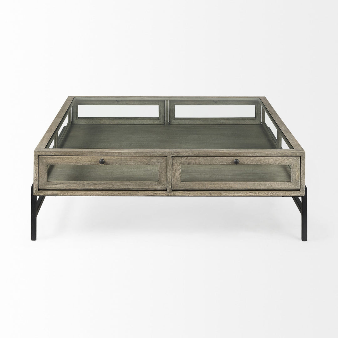 42" Gray And Black Glass And Metal Square Coffee Table With Shelf Image 2