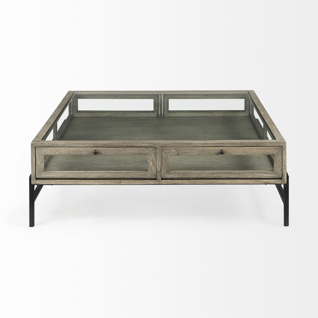 42" Gray And Black Glass And Metal Square Coffee Table With Shelf Image 4