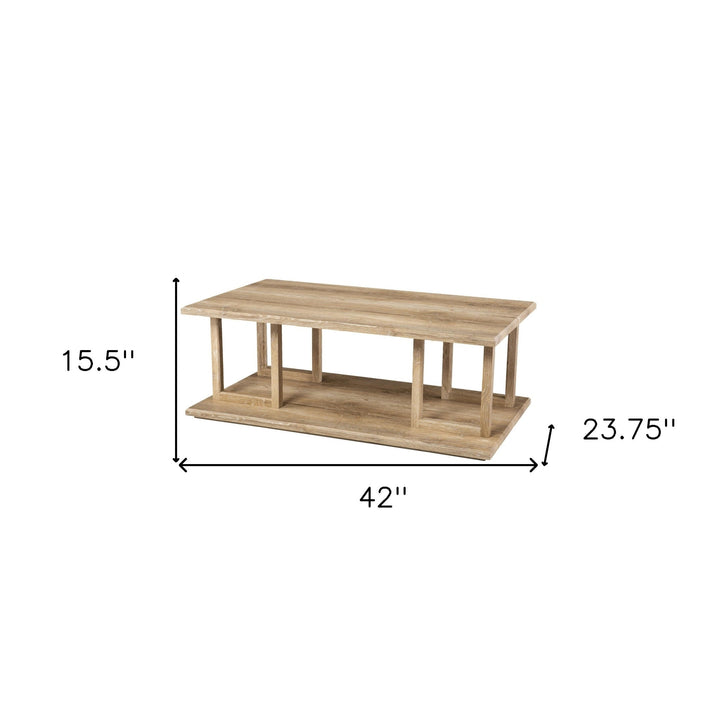 42" Natural Light Brown Wood Two Tier Rectangular Coffee Table Image 8