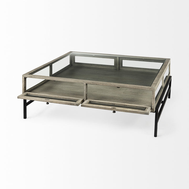 42" Gray And Black Glass And Metal Square Coffee Table With Shelf Image 5