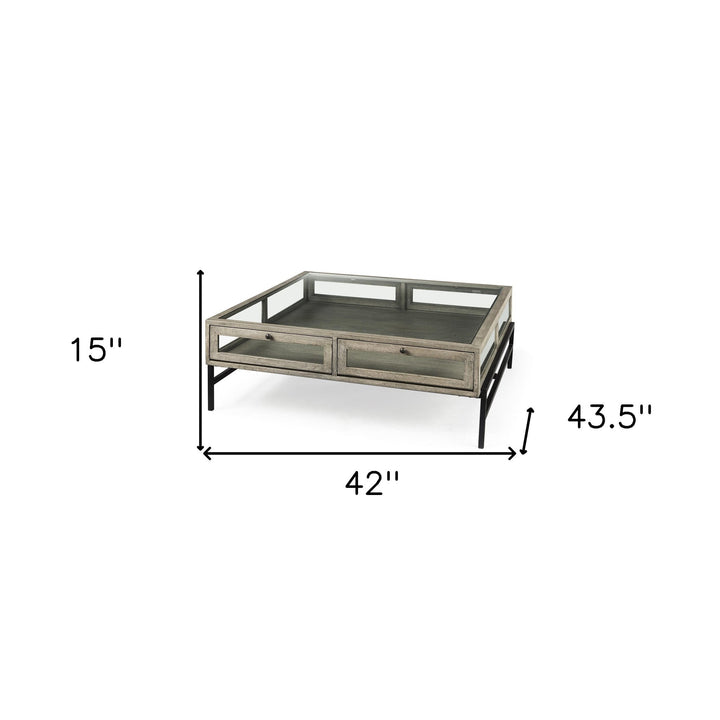 42" Gray And Black Glass And Metal Square Coffee Table With Shelf Image 8