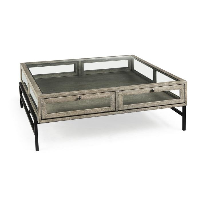 42" Gray And Black Glass And Metal Square Coffee Table With Shelf Image 10