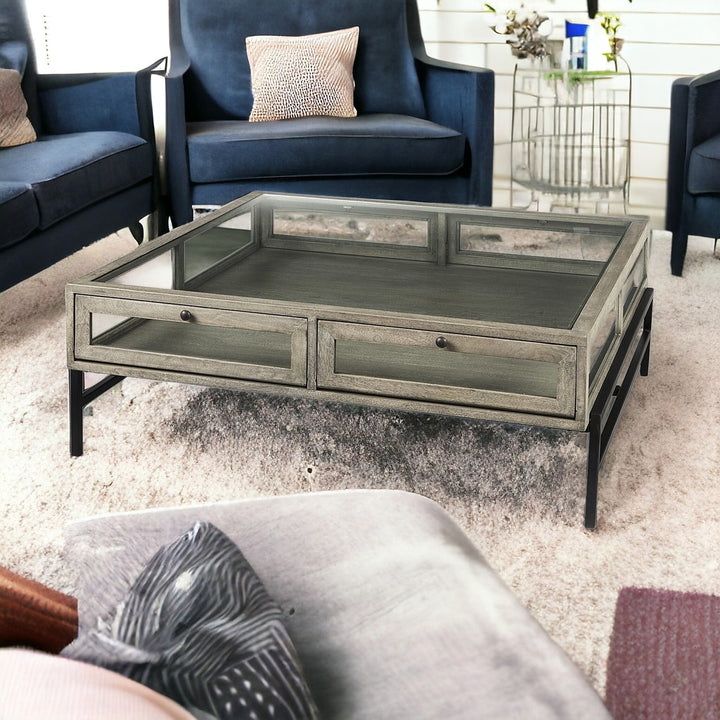 42" Gray And Black Glass And Metal Square Coffee Table With Shelf Image 11