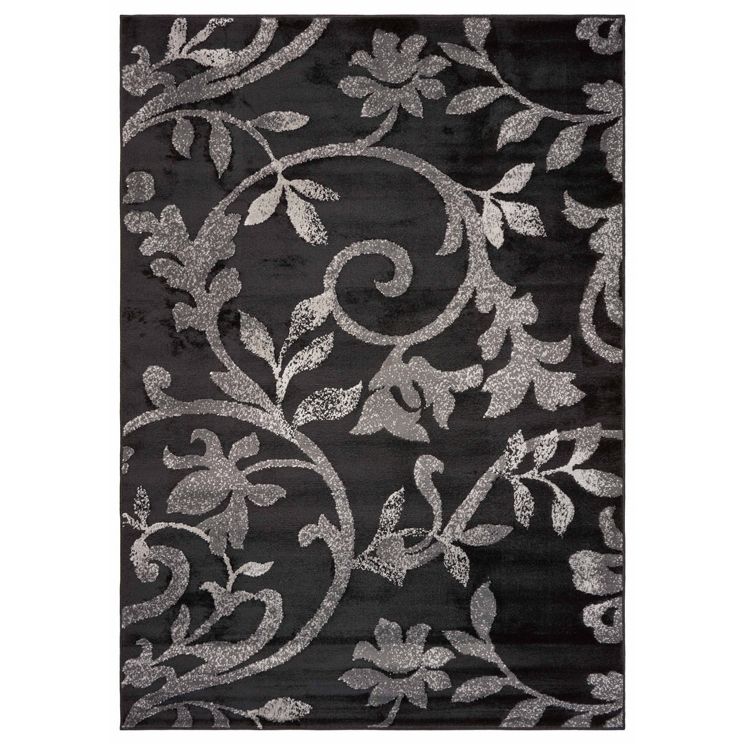 5 x 7 Black Gray and White Floral Vines Area Rug Image 1