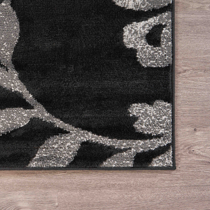 5 x 7 Black Gray and White Floral Vines Area Rug Image 2