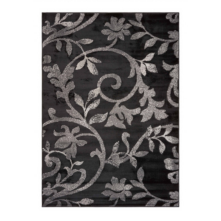 5 x 7 Black Gray and White Floral Vines Area Rug Image 4