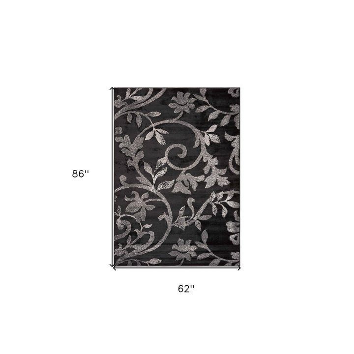 5 x 7 Black Gray and White Floral Vines Area Rug Image 5