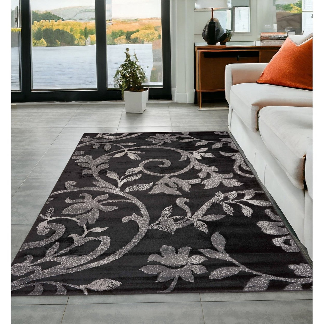 5 x 7 Black Gray and White Floral Vines Area Rug Image 9