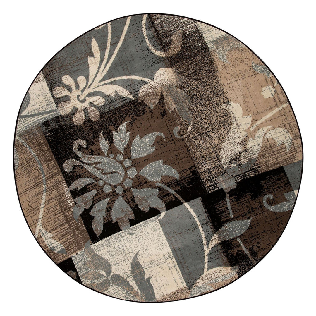 5 Beige And Black Round Floral Power Loom Distressed Area Rug Image 1