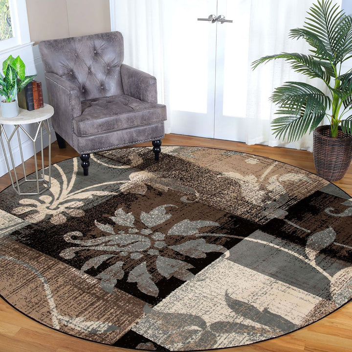 5 Beige And Black Round Floral Power Loom Distressed Area Rug Image 2