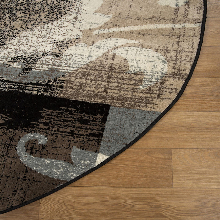 5 Beige And Black Round Floral Power Loom Distressed Area Rug Image 4