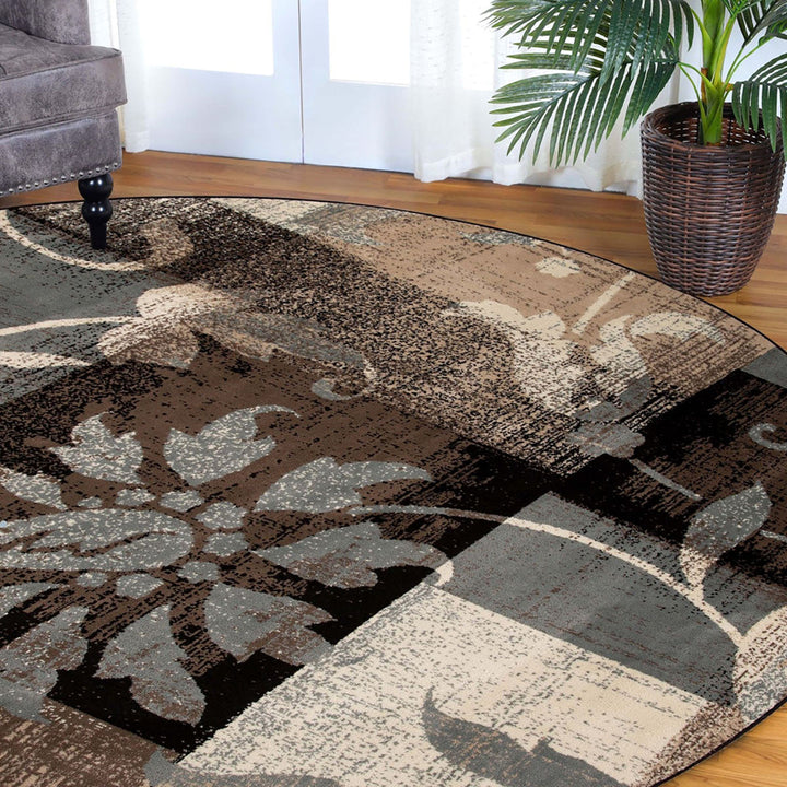 5 Beige And Black Round Floral Power Loom Distressed Area Rug Image 5