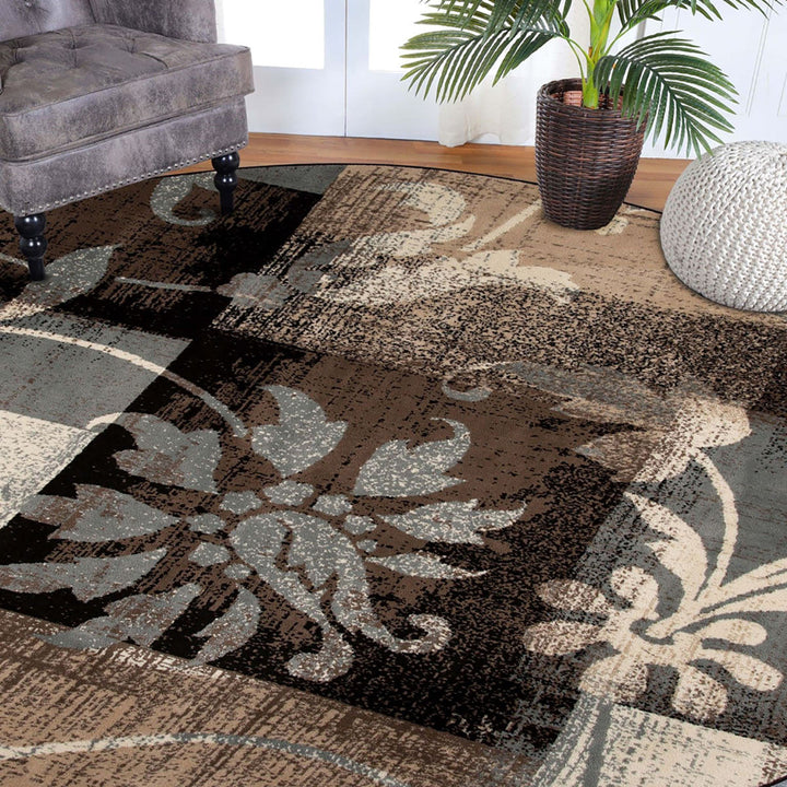 5 Beige And Black Round Floral Power Loom Distressed Area Rug Image 6