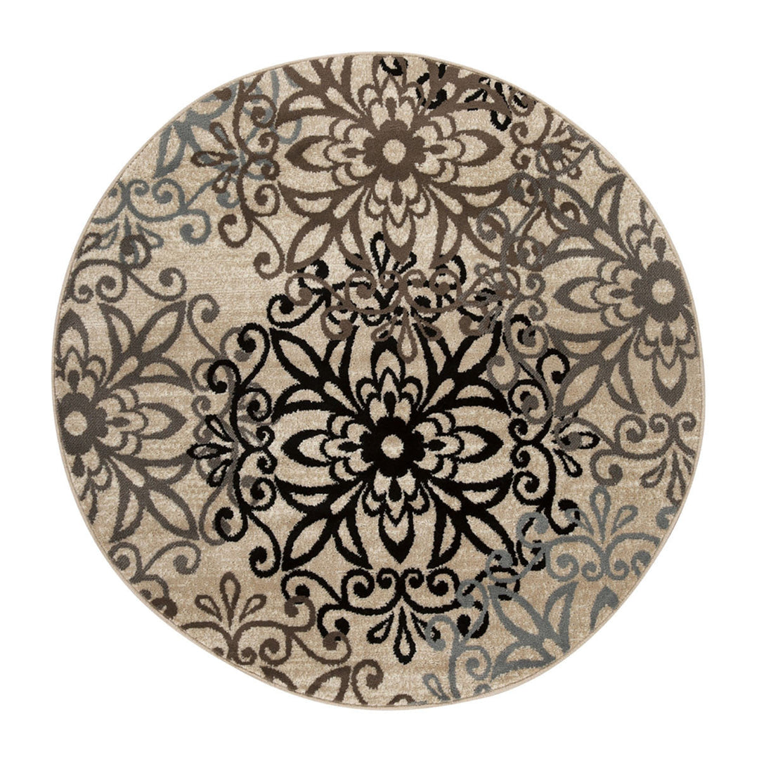 5 Round Tan Gray And Black Round Floral Medallion Stain Resistant Area Rug Image 1