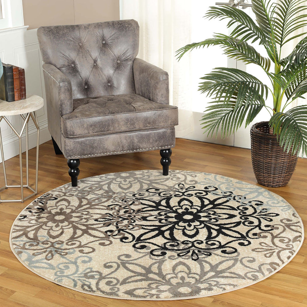 5 Round Tan Gray And Black Round Floral Medallion Stain Resistant Area Rug Image 2