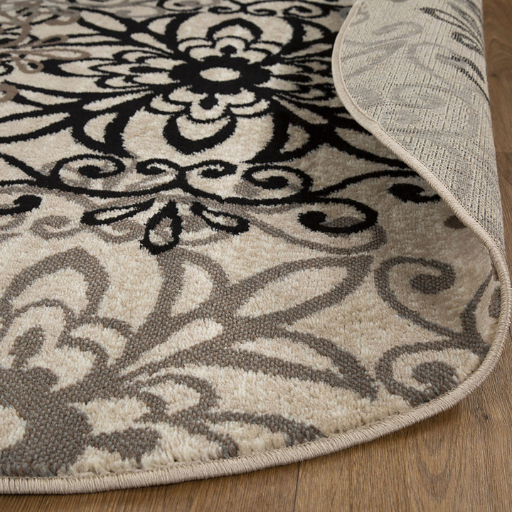 5 Round Tan Gray And Black Round Floral Medallion Stain Resistant Area Rug Image 3