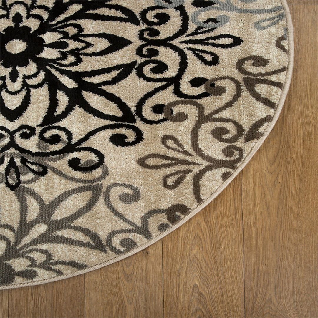 5 Round Tan Gray And Black Round Floral Medallion Stain Resistant Area Rug Image 4