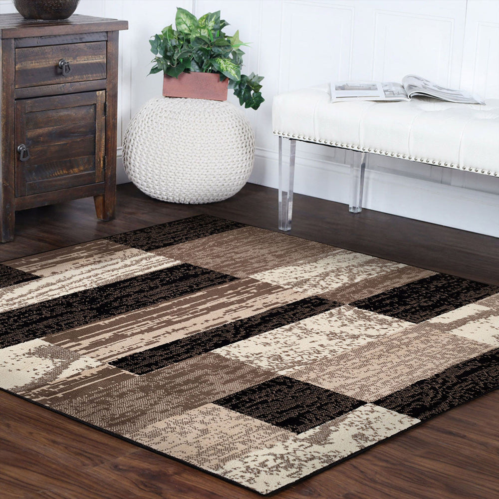 5 Square Chocolate Square Patchwork Power Loom Stain Resistant Area Rug Image 2