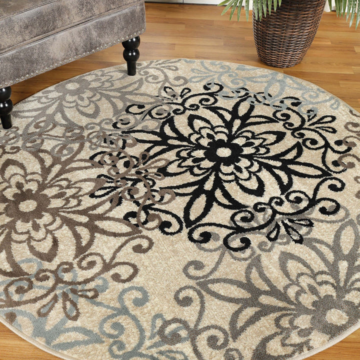 5 Round Tan Gray And Black Round Floral Medallion Stain Resistant Area Rug Image 5