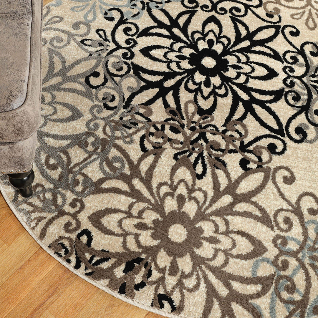 5 Round Tan Gray And Black Round Floral Medallion Stain Resistant Area Rug Image 6