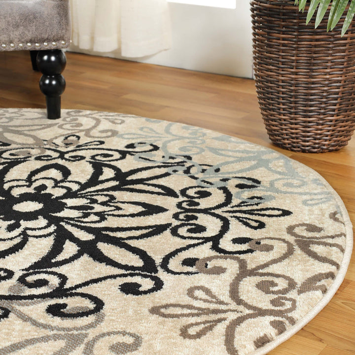 5 Round Tan Gray And Black Round Floral Medallion Stain Resistant Area Rug Image 7