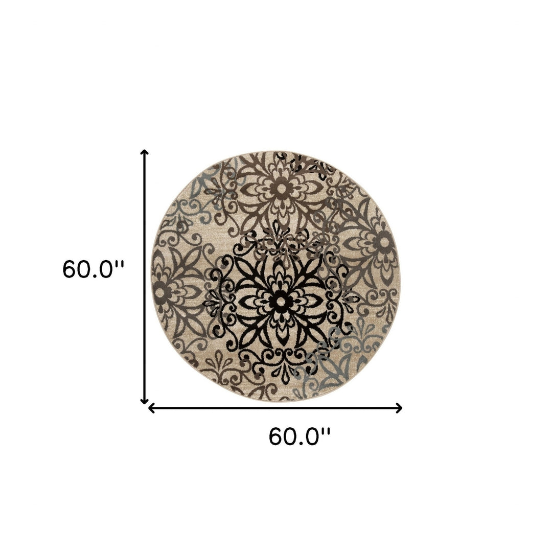 5 Round Tan Gray And Black Round Floral Medallion Stain Resistant Area Rug Image 8