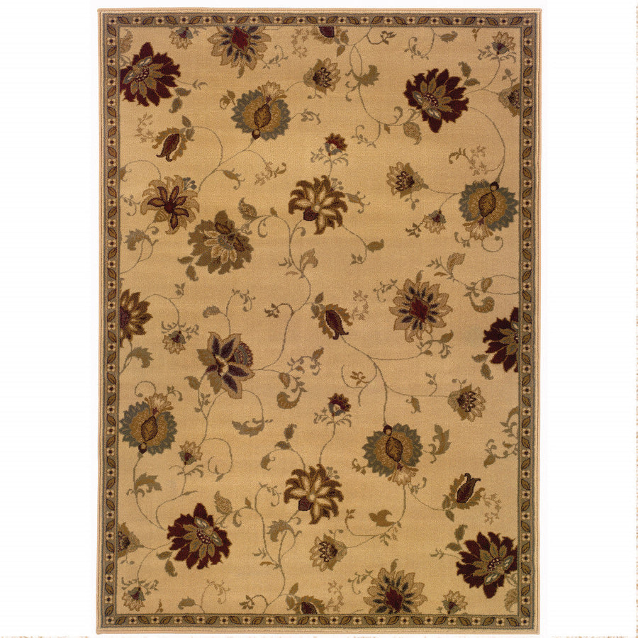 5 X 8 Ivory Green Brown Blue And Rust Floral Power Loom Stain Resistant Area Rug Image 1