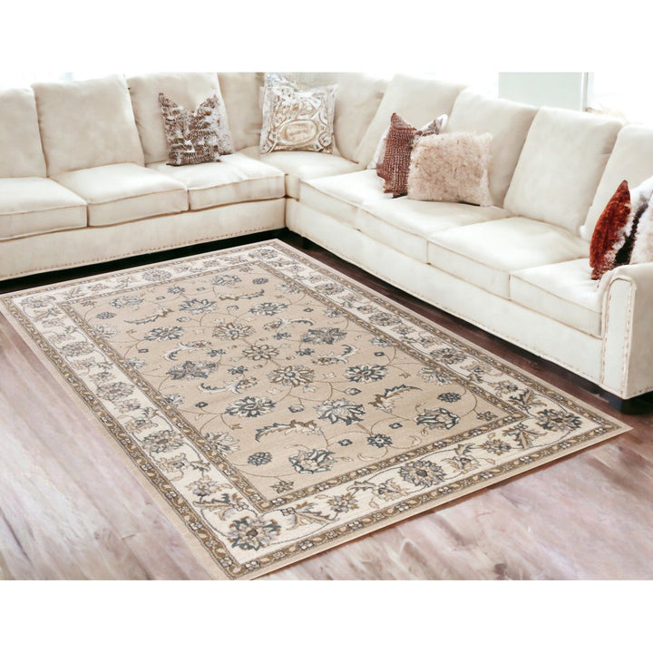 5X8 Beige Ivory Bordered Floral Indoor Area Rug Image 1