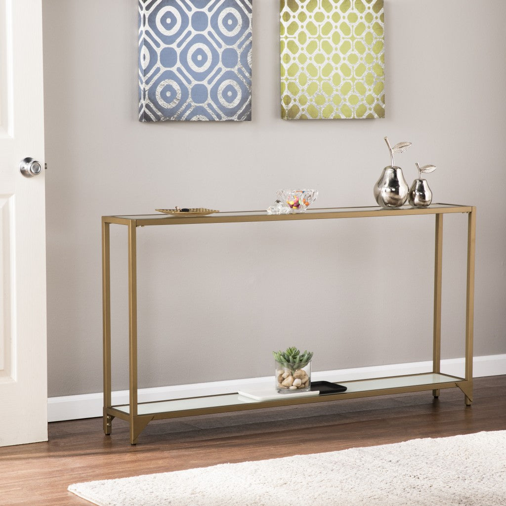 56" Clear and Gold Glass Floor Shelf Console Table With Storage Image 1