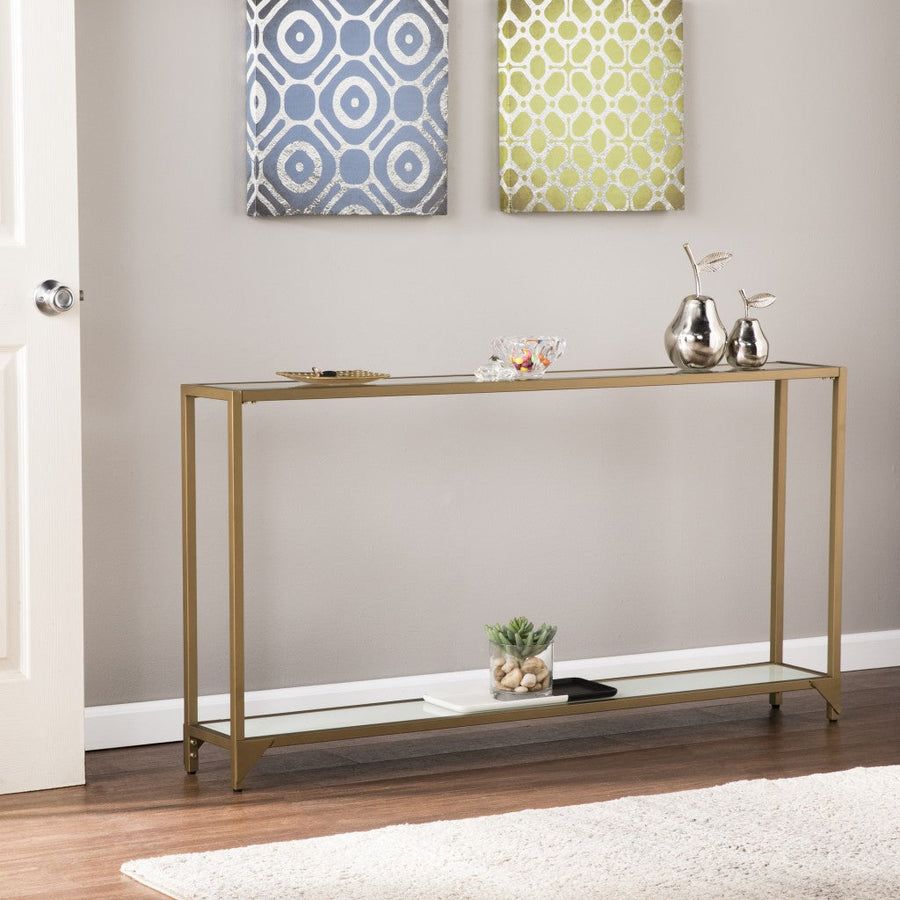 56" Clear and Gold Glass Floor Shelf Console Table With Storage Image 1