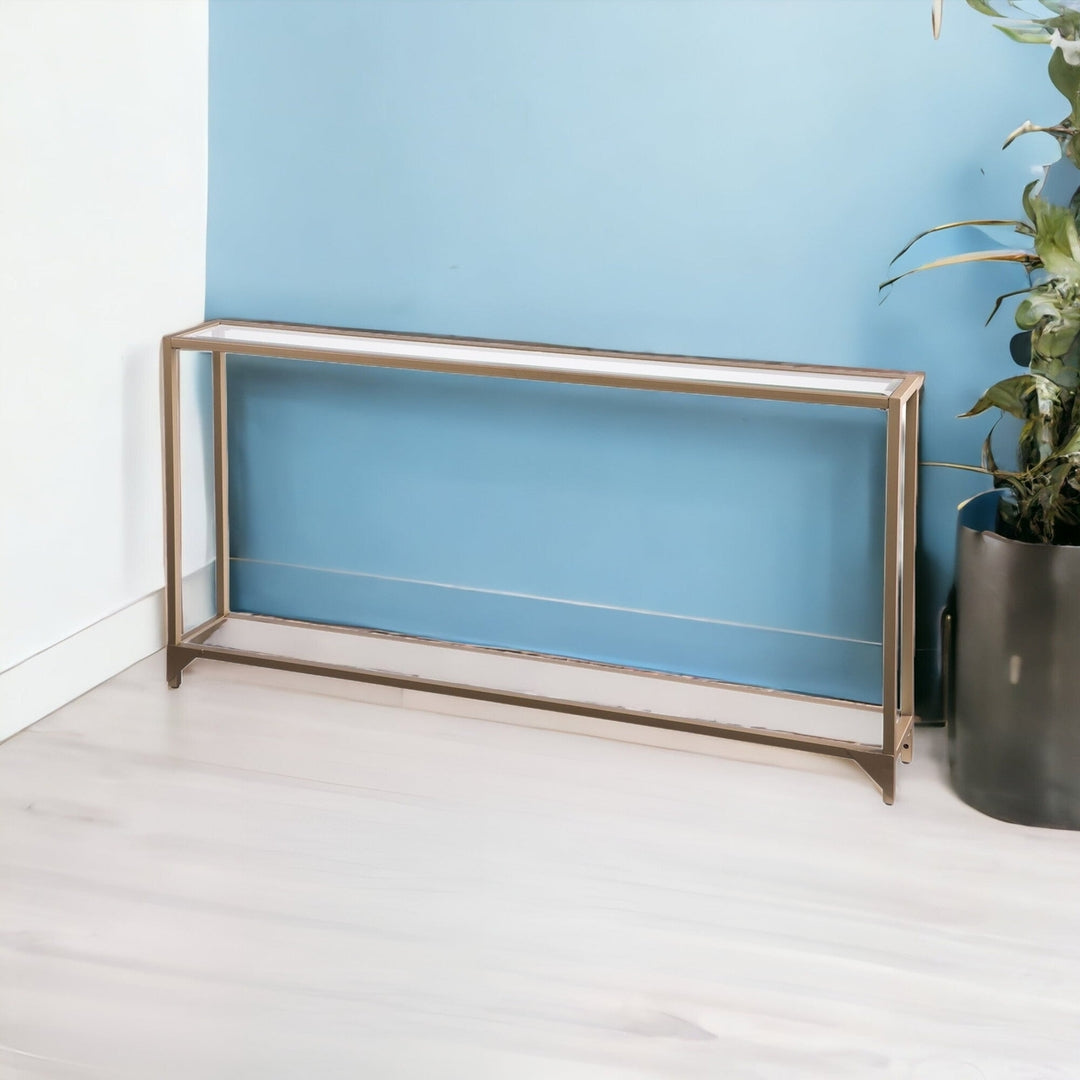 56" Clear and Gold Glass Floor Shelf Console Table With Storage Image 9