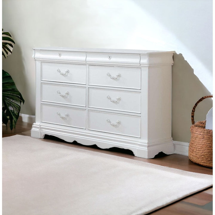 56" White Solid Wood Eight Drawer Double Dresser Image 7