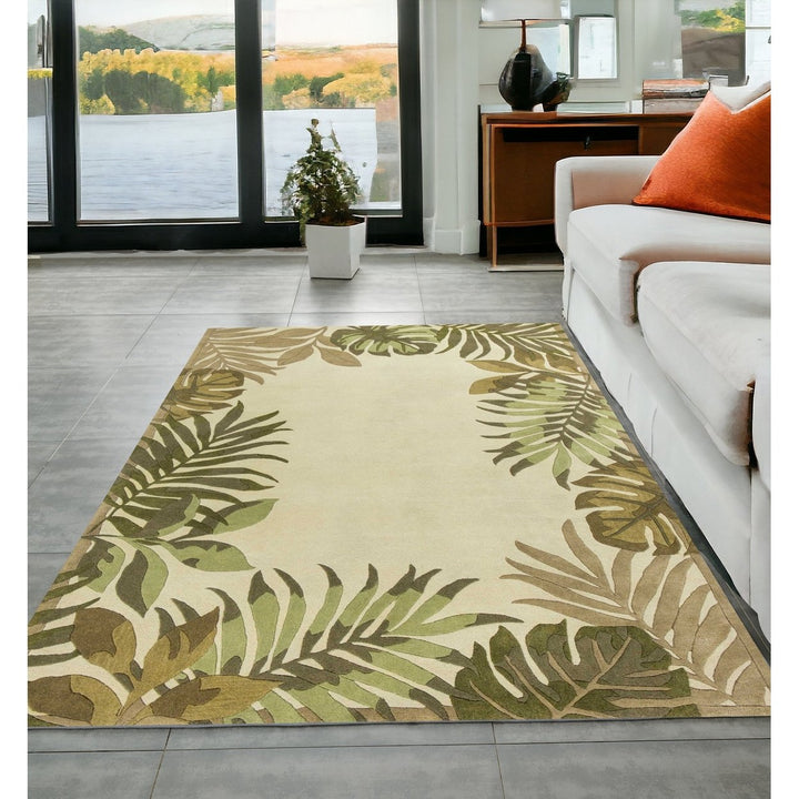 5X8 Ivory Hand Tufted Bordered Tropical Leaves Indoor Area Rug Image 12