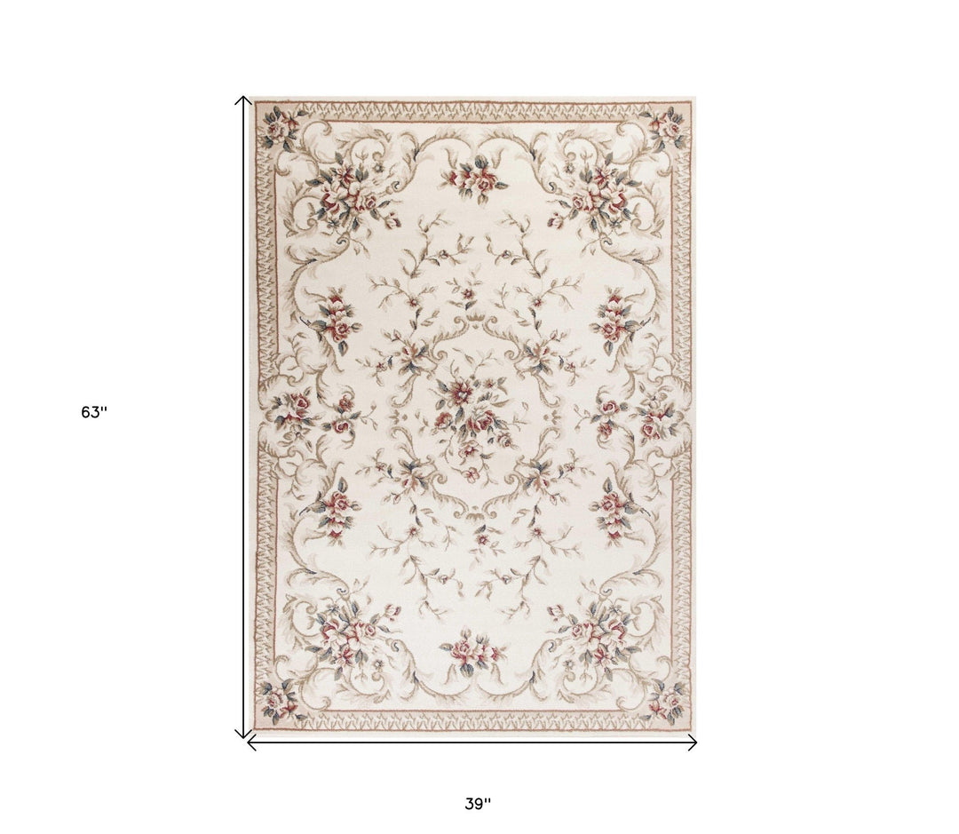 5X8 Ivory Bordered Floral Indoor Area Rug Image 10