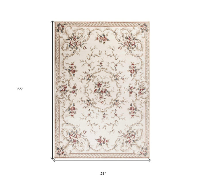 5X8 Ivory Bordered Floral Indoor Area Rug Image 10