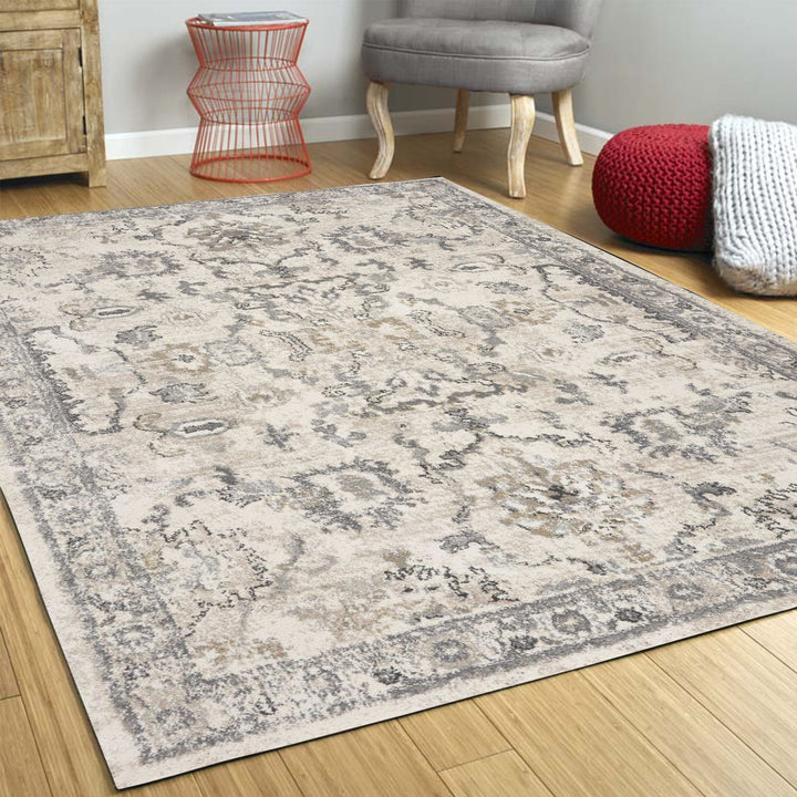 5X8 Ivory Machine Woven Distressed Floral Traditional Indoor Runner Rug Image 6